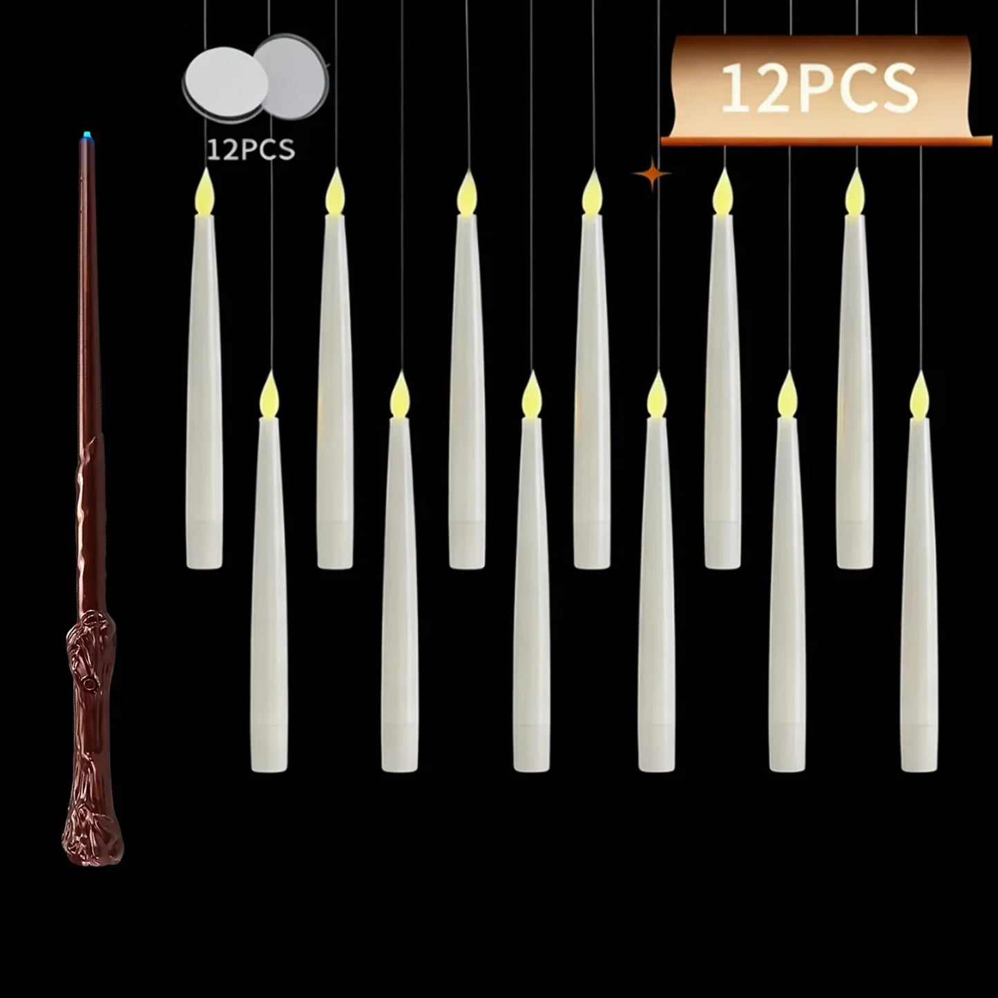 12/10 PCS LED Floating Candles with Magic Wand Flameless Flying Candle Flickering Burning Candles for Wedding Holiday Decoration